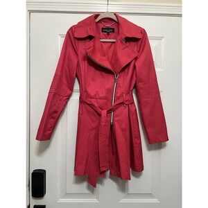 Black Rivet Trench Coat Zip Front Belted Salmon Pink Fuchsia Small Career Party